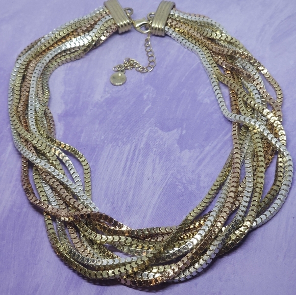 Vintage Alfani Box Chain Necklace Multi Chain Triple Metal Tone - Picture 2 of 8